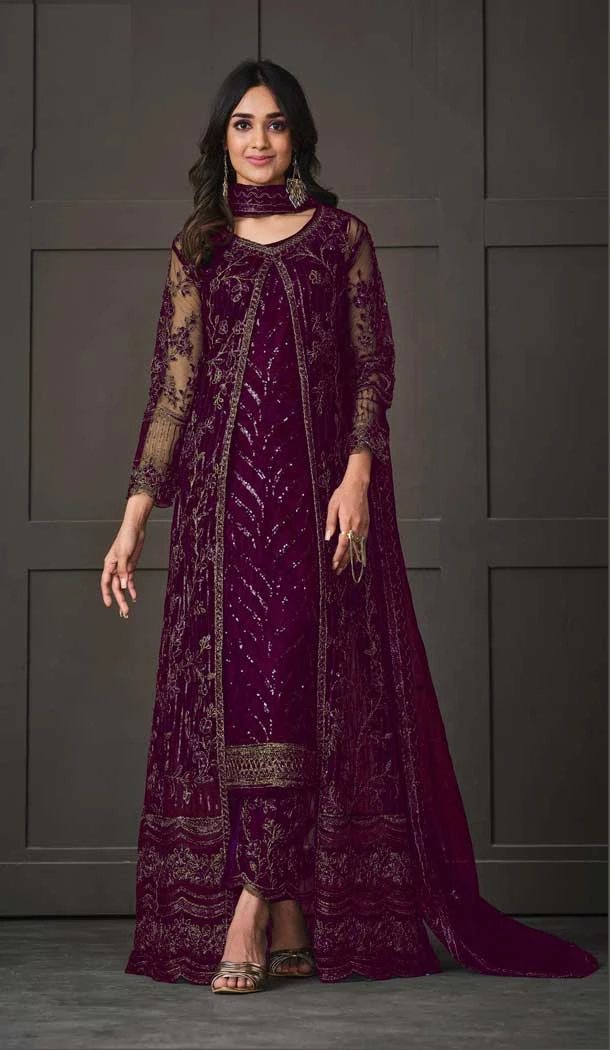 Purple Color Net Embroidery Work Traditional Party Wear Salwar Kameez - 7192174794