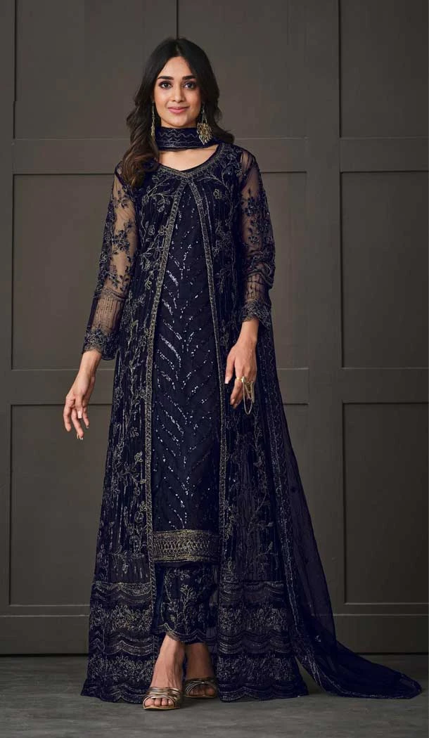 Blue Color Net Embroidery Work Traditional Party Wear Salwar Kameez - 7192174795