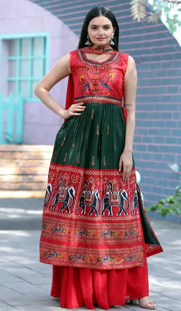 Green Color Dola Silk Foil Print And Mirror Work Festival Wear Palazzo Salwar Suit - 7194174799