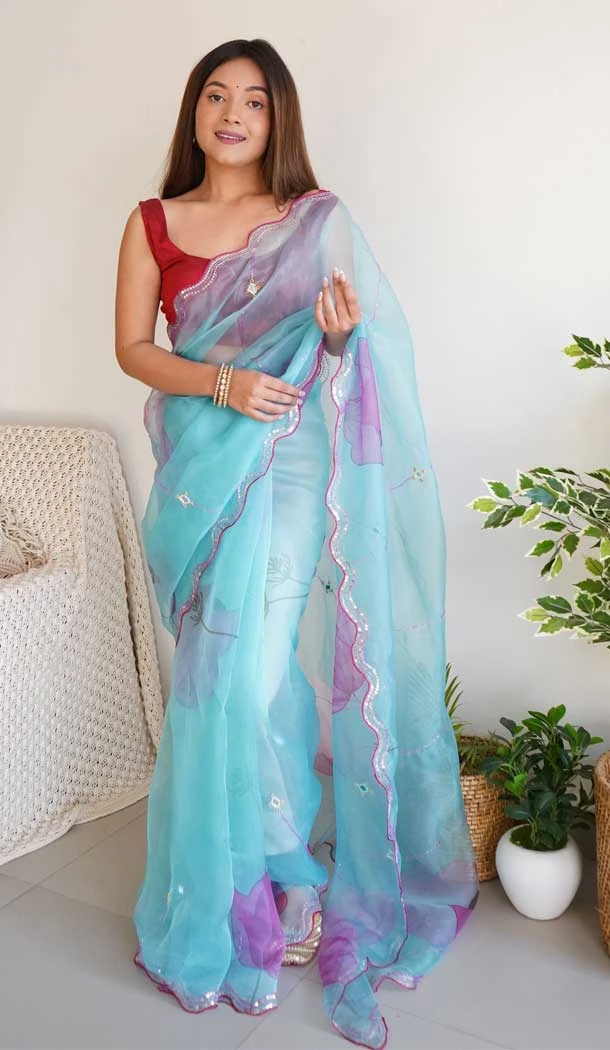 Designer Party Wear Cutwork With Khatli Work Organza Saree In Sky Blue - 7203174852