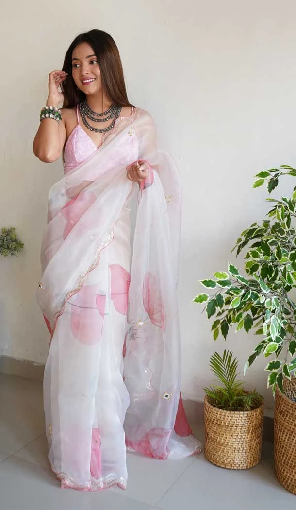 Designer Party Wear Cutwork With Khatli Work Organza Saree In Off White - 7203174854