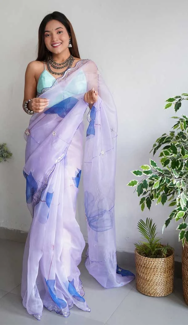 Designer Party Wear Cutwork With Khatli Work Organza Saree In Lavender - 7203174855