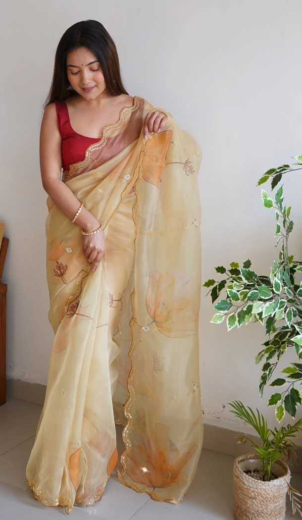 Designer Party Wear Cutwork With Khatli Work Organza Saree In Beige - 7203174856