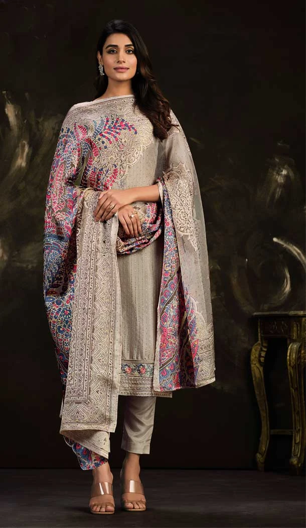 Function Wear Chinon Embroidery Work Traditional Salwar Suit In Grey - 7183174737