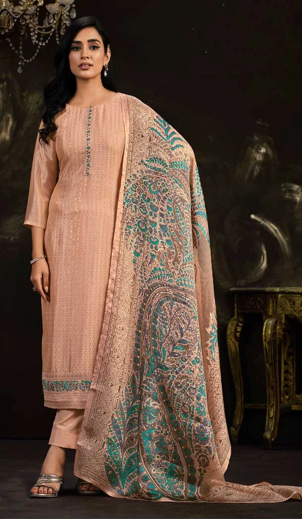 Function Wear Chinon Embroidery Work Traditional Salwar Suit In Peach - 7183174740