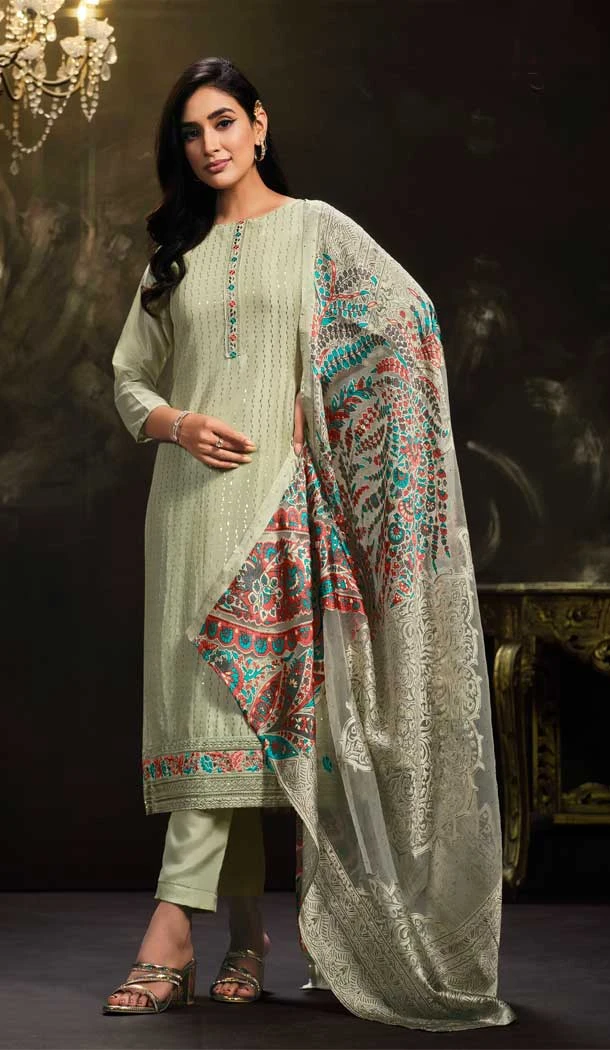 Function Wear Chinon Embroidery Work Traditional Salwar Suit In Pista - 7183174741