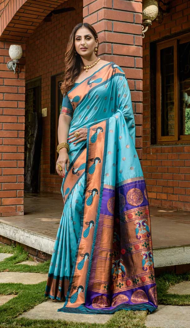 Rama Blue Color Banarasi Silk Jacquard Work Traditional Festival Wear Saree - 7212174891