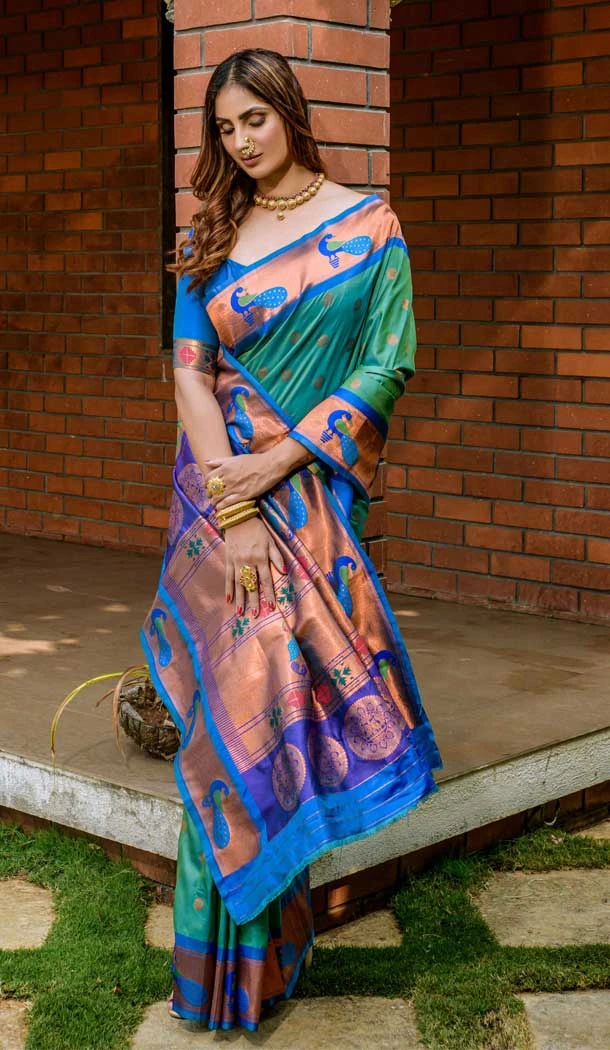 Rama Green Color Banarasi Silk Jacquard Work Traditional Festival Wear Saree - 7212174892