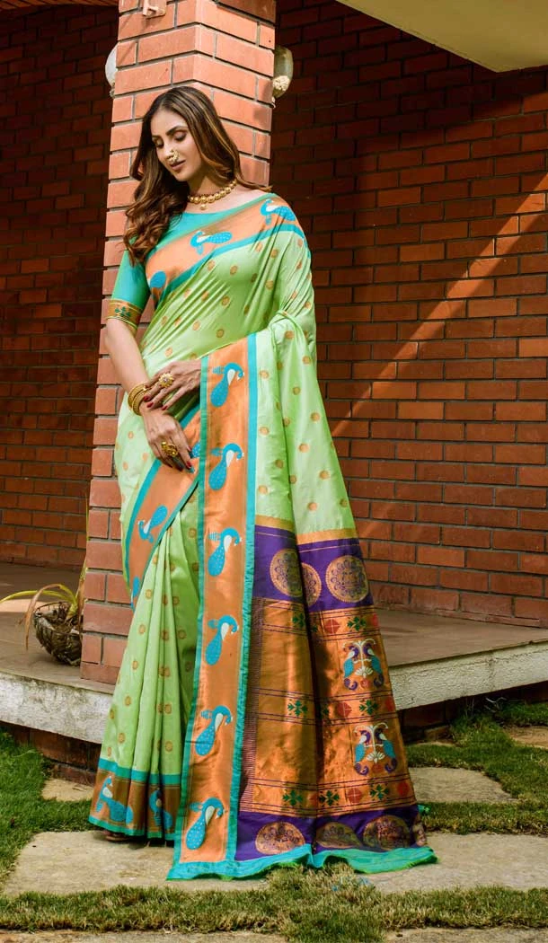 Pista Color Banarasi Silk Jacquard Work Traditional Festival Wear Saree - 7212174893