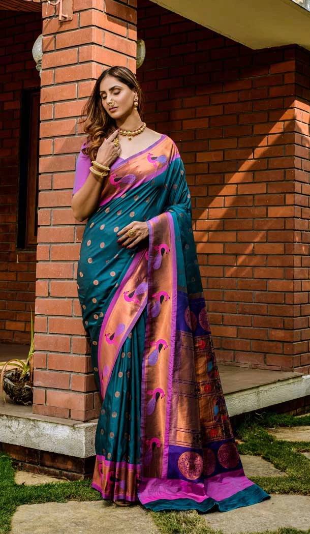 Teal Color Banarasi Silk Jacquard Work Traditional Festival Wear Saree - 7212174894