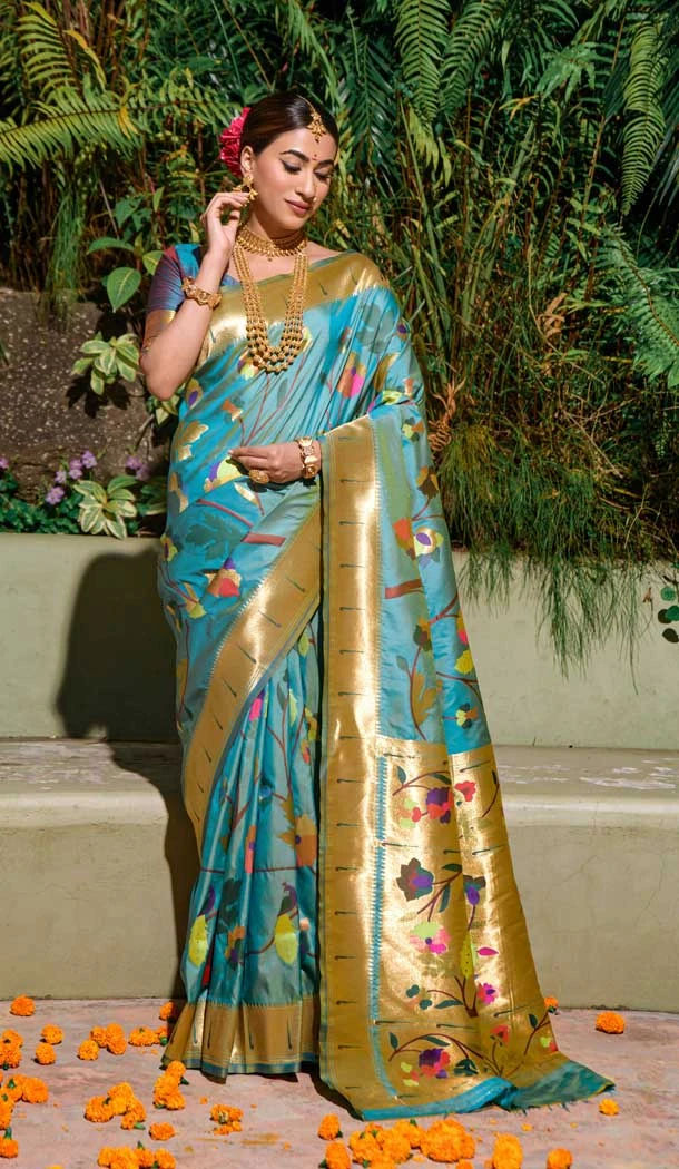 Traditional Wedding Wear Rama Blue Color Banarasi Silk Jacquard Work Saree - 7213174897