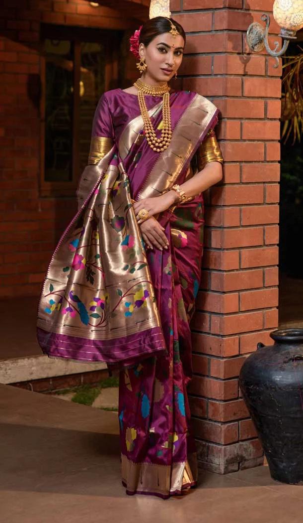Traditional Wedding Wear Dark Purple Color Banarasi Silk Jacquard Work Saree - 7213174900