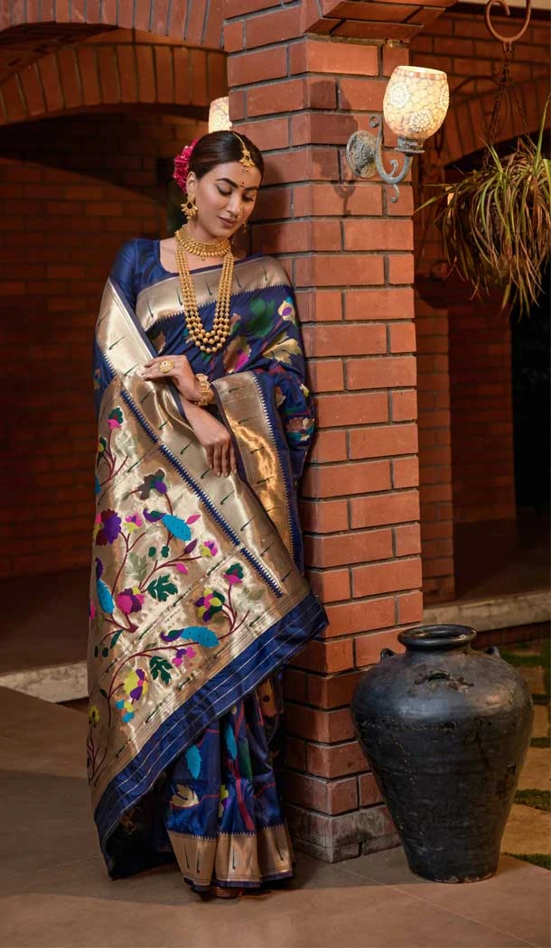 Traditional Wedding Wear Navy Blue Color Banarasi Silk Jacquard Work Saree - 7213174901