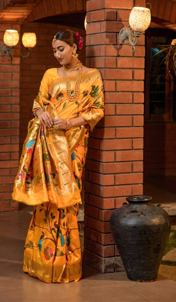 Traditional Wedding Wear Mustard Color Banarasi Silk Jacquard Work Saree - 7213174902