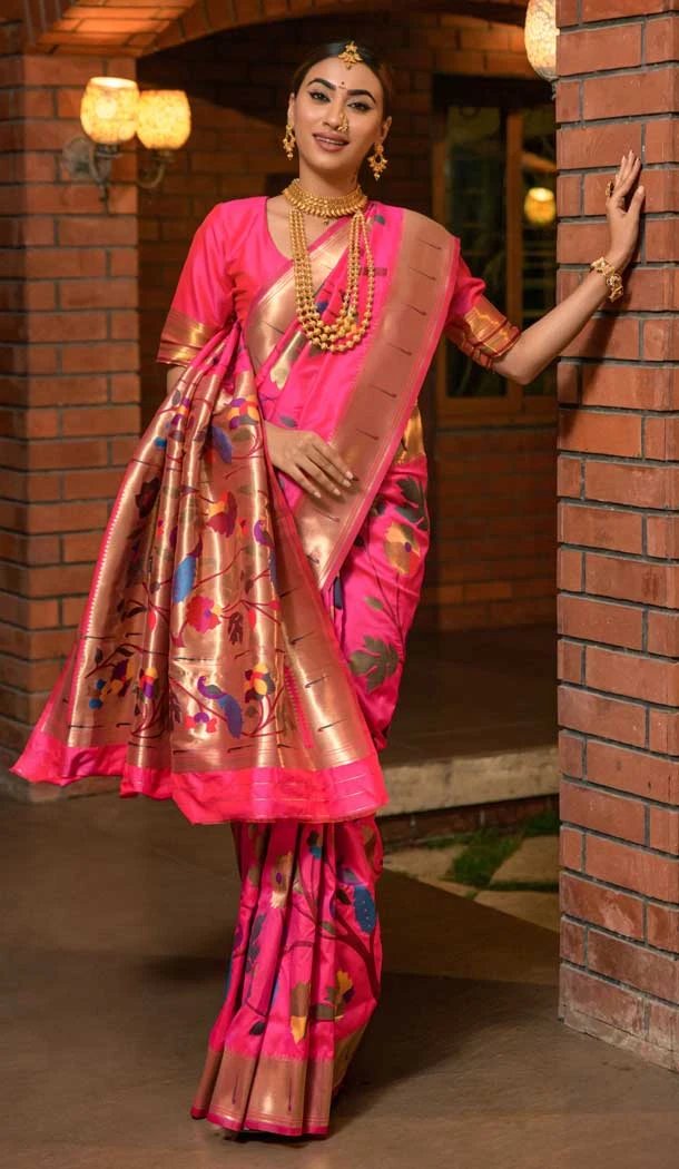 Traditional Wedding Wear Pink Color Banarasi Silk Jacquard Work Saree - 7213174906