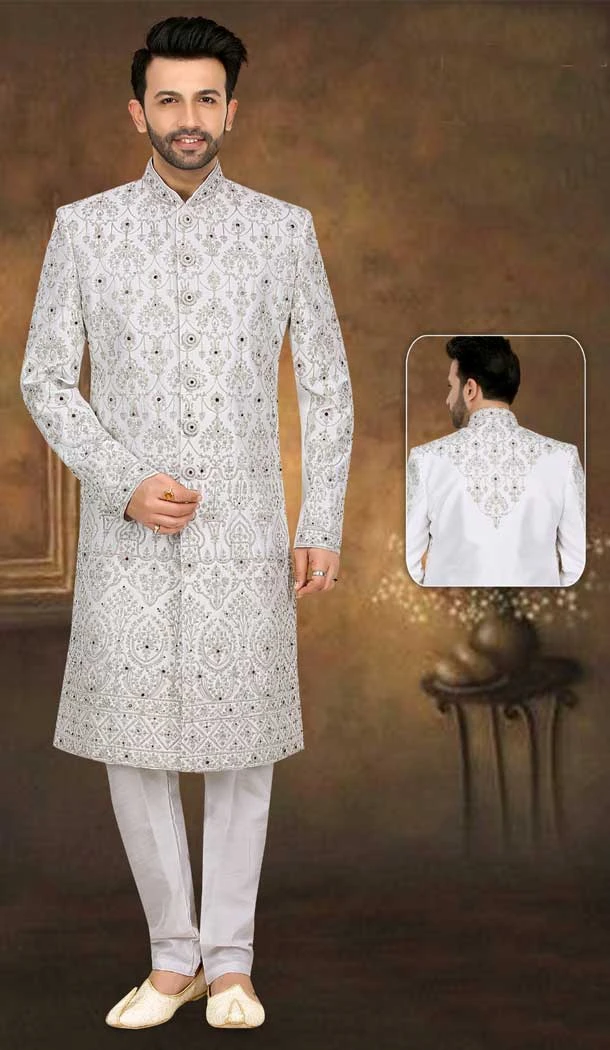 Say 'I do' to timeless elegance with our handcrafted White Sherwani - a perfect match for your big day -7916178989