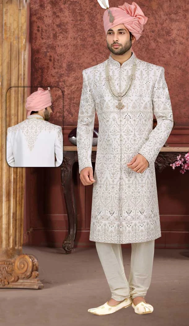 Dazzle the Crowd in our White Sherwani - A Captivating Blend of Banarasi Jacquard and Handwork Craftsmanship -7916178995