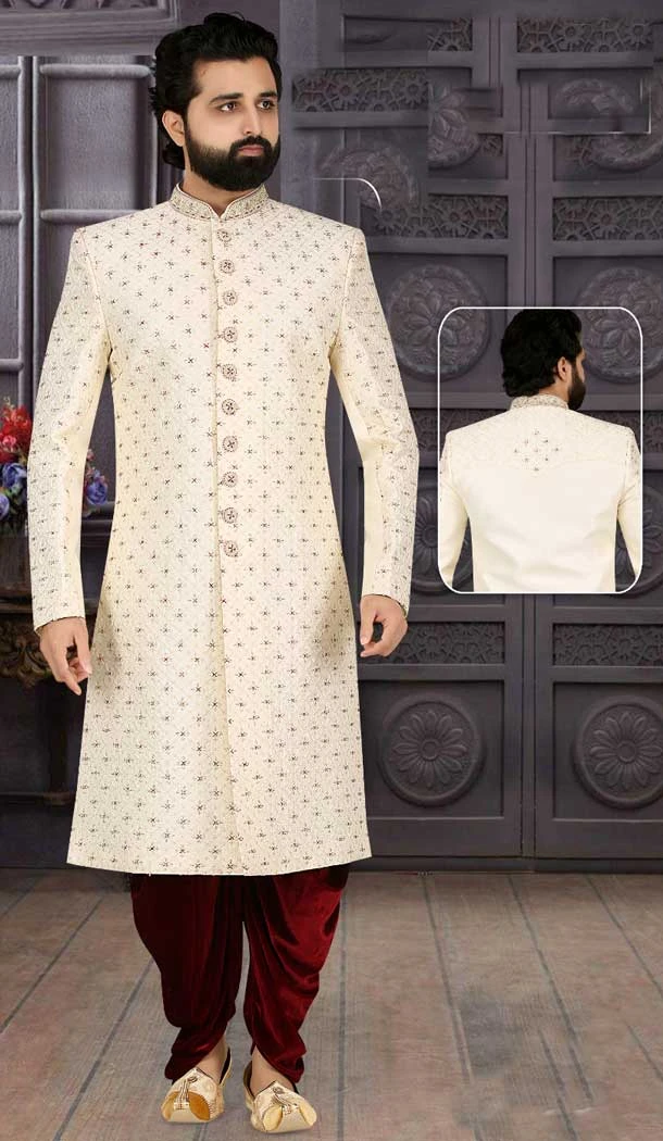 Step into elegance and luxury with our Cream Banarasi Jacquard Sherwani - The perfect attire for the man -7916179002