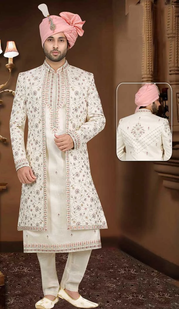 Step up Your Style Game with our Exquisite Banarasi Jacquard Off White Sherwani - Elegance at Its Finest -7916179004