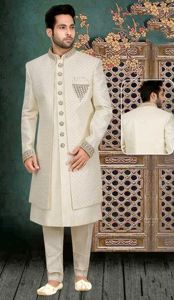 Elevate Your Big Day Look with our Hand Work Cream Sherwani - Unleash Your Style Beast -7916179006