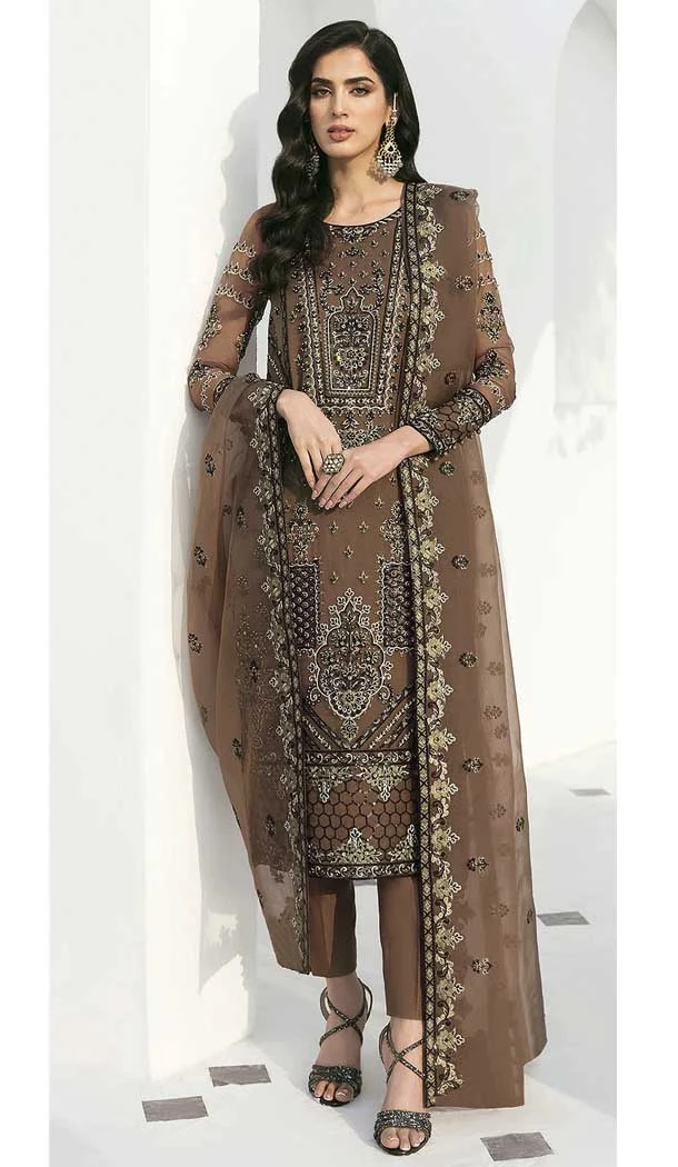 Party Wear Embroidery Work Faux Georgette Salwar Kameez In Brown -7216174919