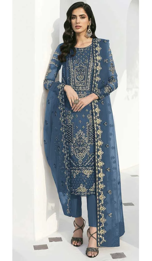 Party Wear Embroidery Work Faux Georgette Salwar Kameez In Blue -7216174923