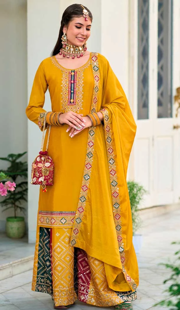 Embroidery Work Georgette Yellow Color Function Wear Palazzo Salwar Suit - 7217174924