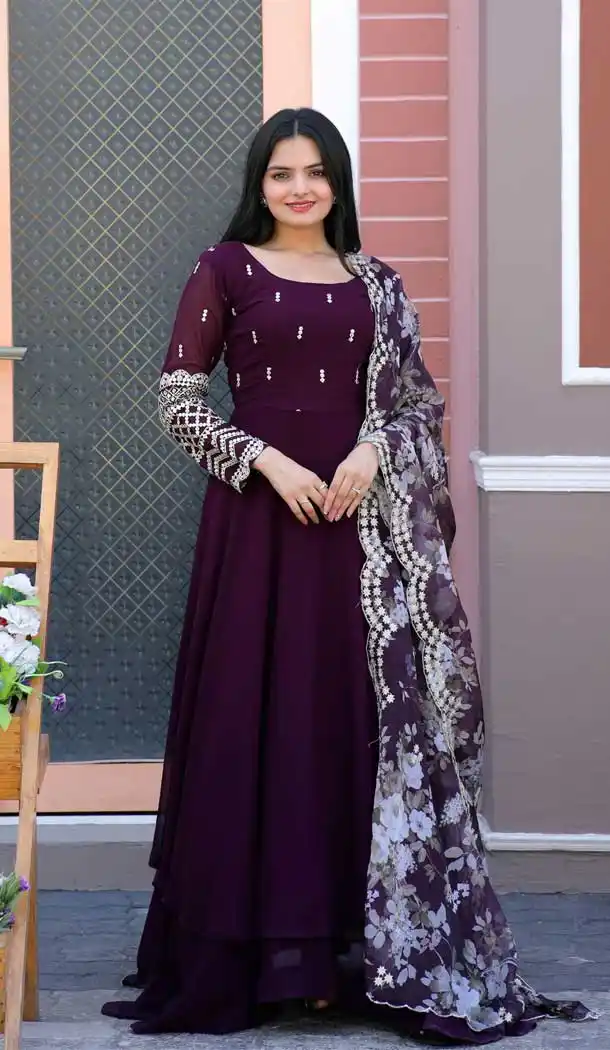 Designer Party Wear Faux Blooming Embroidery Work Readymade Gown With Dupatta In Wine - 7220174942