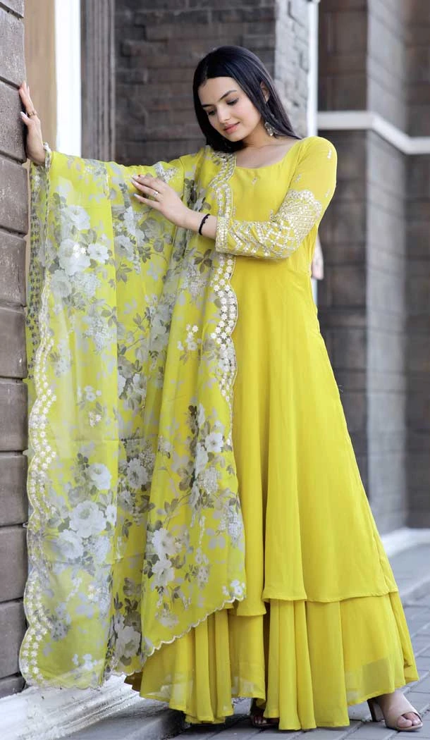 Designer Party Wear Faux Blooming Embroidery Work Readymade Gown With Dupatta In Yellow - 7220174943