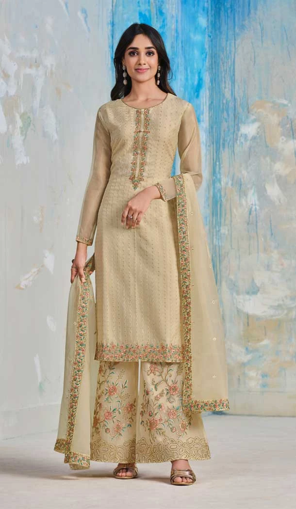 Traditional Festival Wear Beige Color Soft Organza Embroidery Work Palazzo Salwar Suit - 7223174952