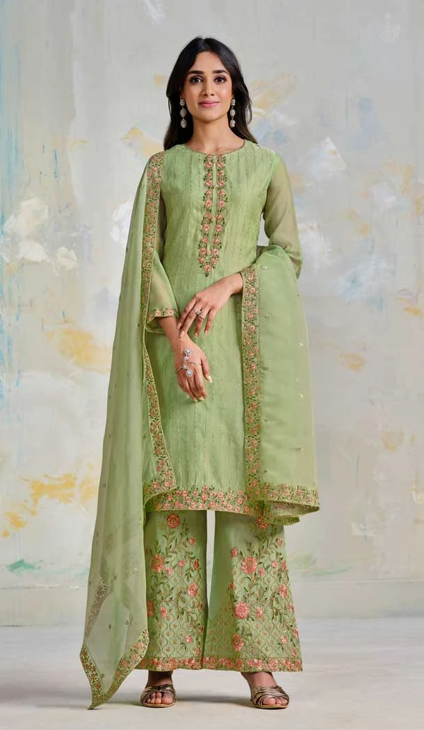 Traditional Festival Wear Pista Color Soft Organza Embroidery Work Palazzo Salwar Suit - 7223174953