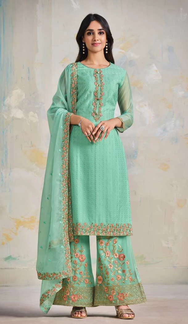 Traditional Festival Wear Mint Color Soft Organza Embroidery Work Palazzo Salwar Suit - 7223174956