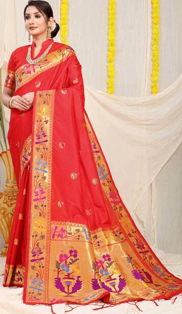 Red Color Banarasi Silk Jacquard Work Traditional Party Wear Saree - 7231175001
