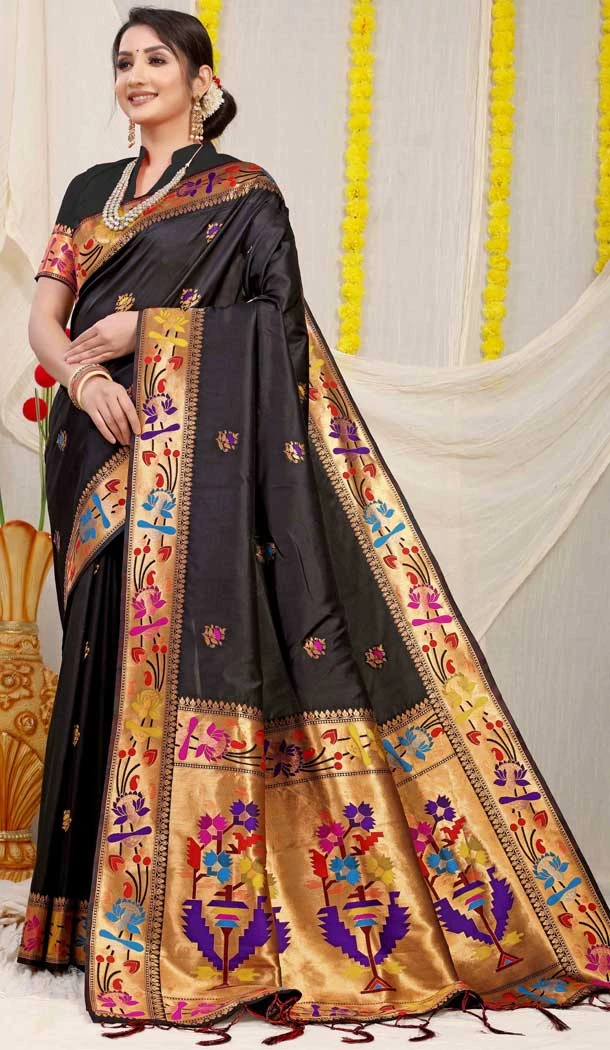 Black Color Banarasi Silk Jacquard Work Traditional Party Wear Saree - 7231175009