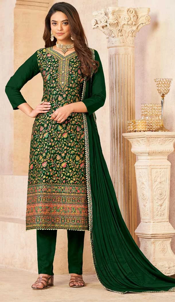 Designer Festival Wear Dola Jacquard Diamond Work Pakistani Salwar Suit In Green - 7234175019