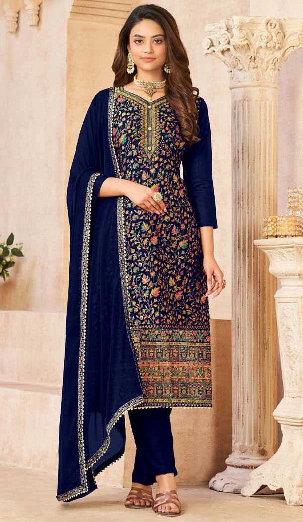 Designer Festival Wear Dola Jacquard Diamond Work Pakistani Salwar Suit In Blue - 7234175020