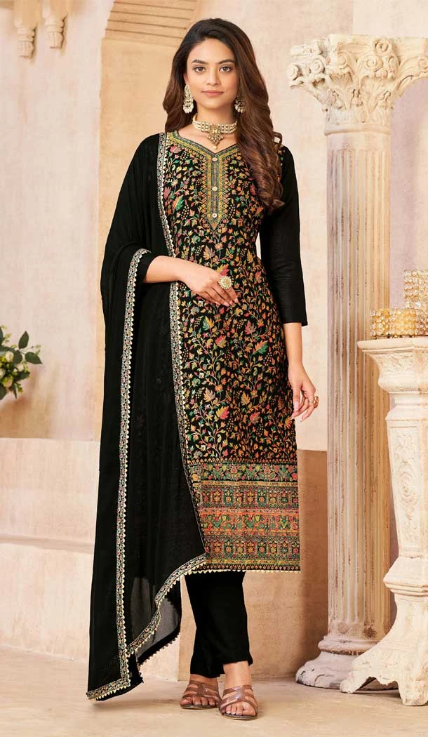 Designer Festival Wear Dola Jacquard Diamond Work Pakistani Salwar Suit In Black - 7234175022