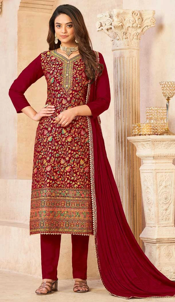 Designer Festival Wear Dola Jacquard Diamond Work Pakistani Salwar Suit In Maroon - 7234175023