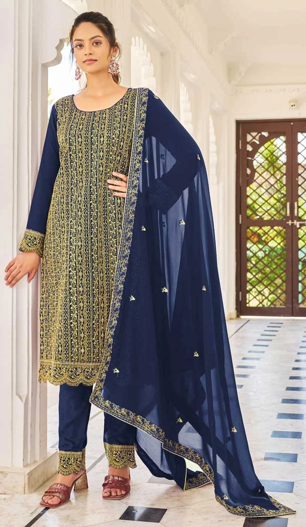 Blue Color Fox Georgette Embroidery Work Designer Pakistani Salwar Kameez - 7238175042