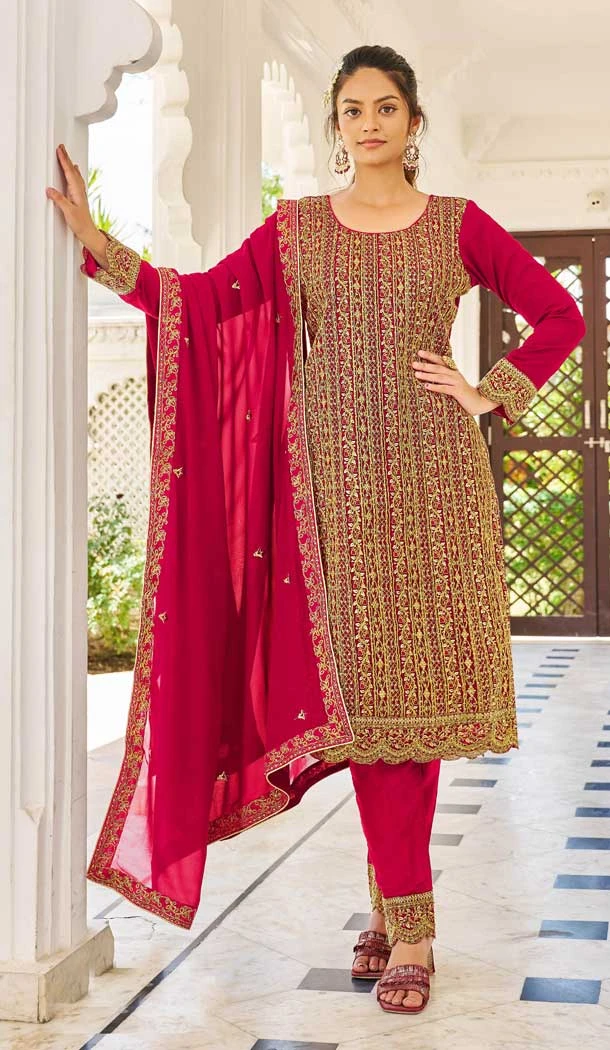 Red Pink Color Fox Georgette Embroidery Work Designer Pakistani Salwar Kameez - 7238175043