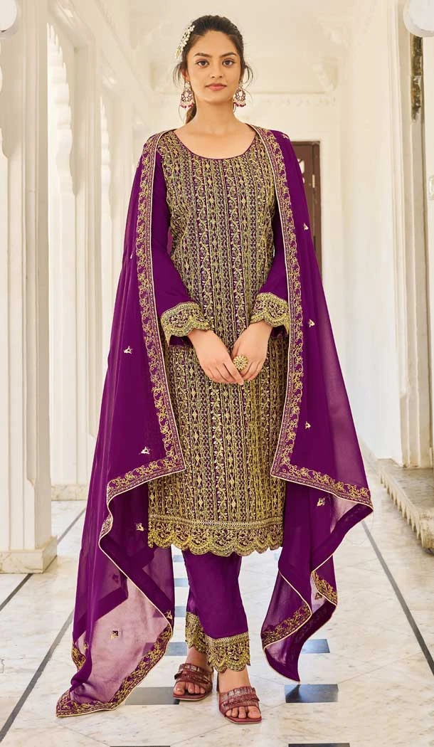 Wine Color Fox Georgette Embroidery Work Designer Pakistani Salwar Kameez - 7238175044