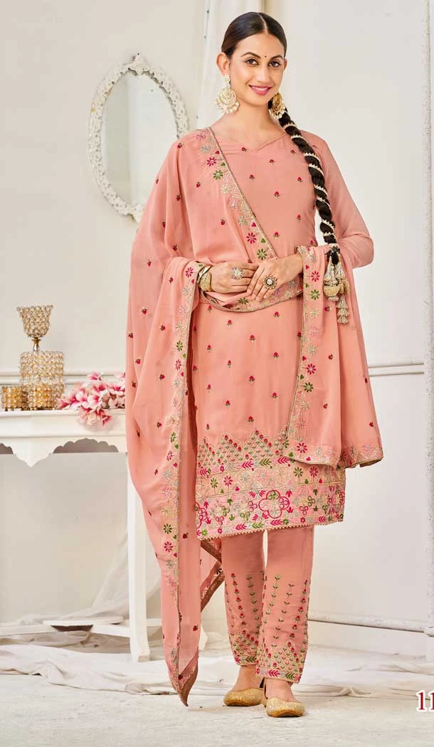Party Wear Fox Georgette Sequins Embroidery Work Pakistani Salwar Suit In Peach - 7239175046