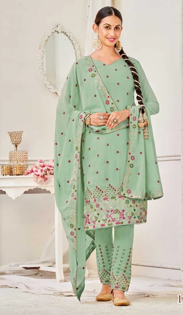Party Wear Fox Georgette Sequins Embroidery Work Pakistani Salwar Suit In Pista - 7239175048