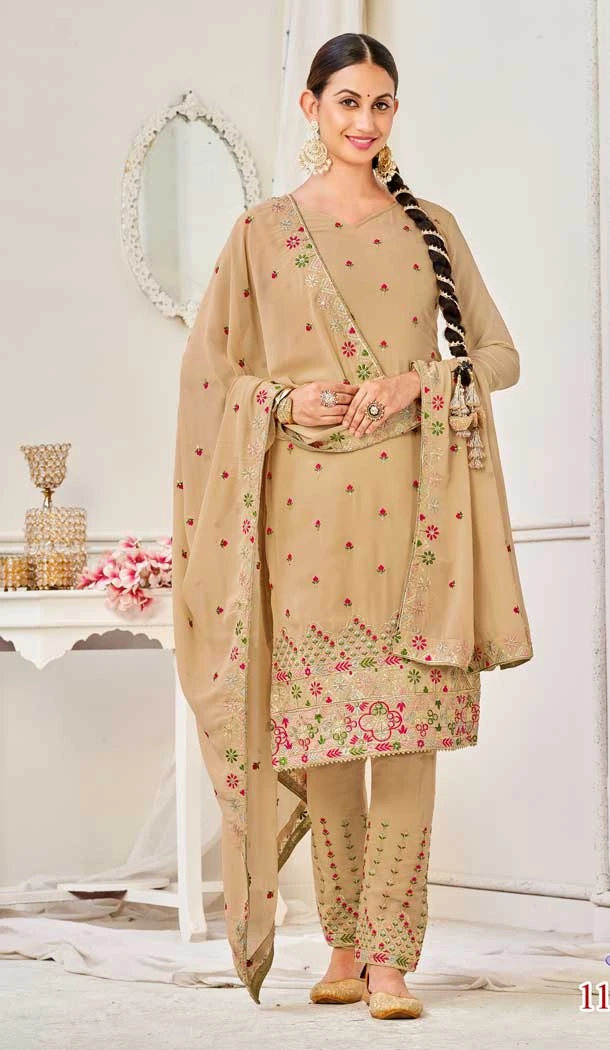 Party Wear Fox Georgette Sequins Embroidery Work Pakistani Salwar Suit In Cream - 7239175049