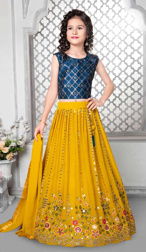 Designer Function Wear Fox Georgette Heavy Embroidery Work Kid's Lehenga Choli In Yellow - 7236175035