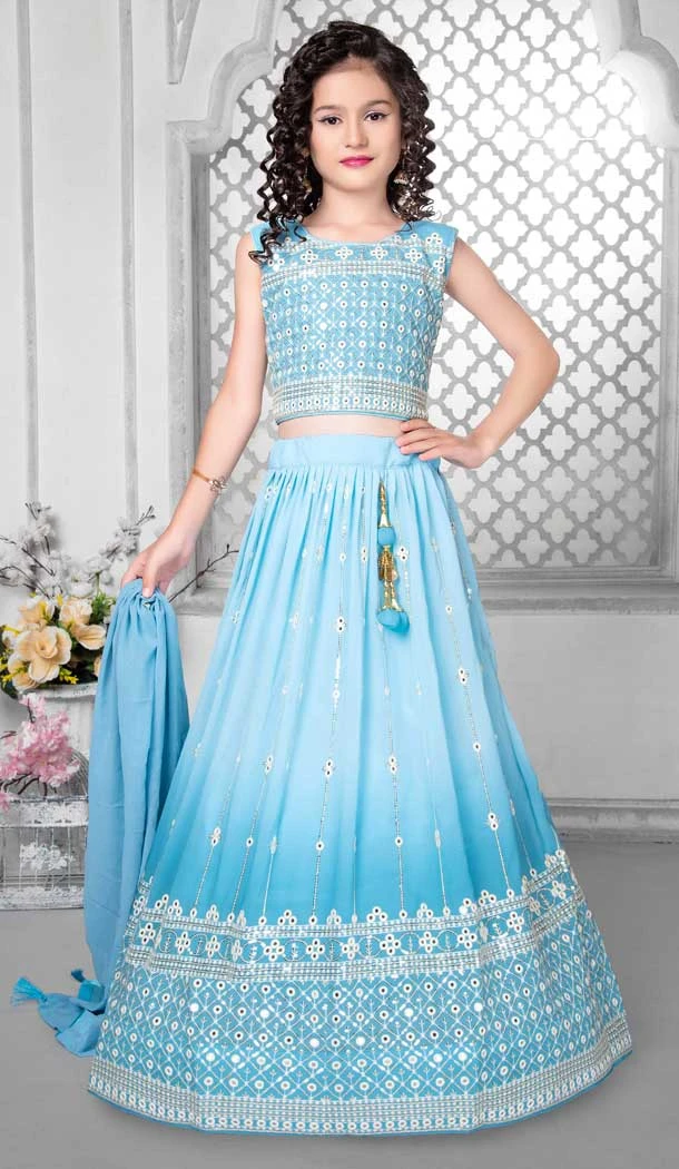 Designer Function Wear Fox Georgette Heavy Embroidery Work Kid's Lehenga Choli In Sky - 7236175037