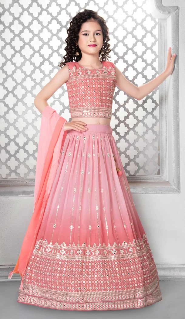 Designer Function Wear Fox Georgette Heavy Sequence Work Kid's Lehenga Choli In Peach - 7236175038