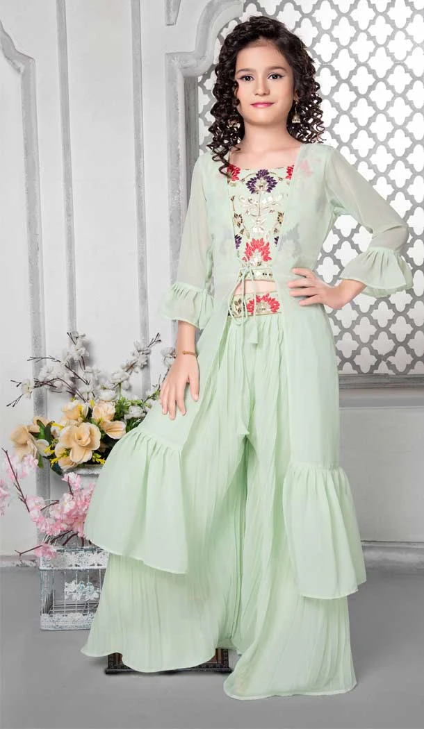 Designer Party Wear Aqua Color Fox Georgette Heavy Embroidery Work Kid's Palazzo Suit - 7237175039