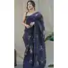 Navy Blue Color Pure Organza Digital Floral Printed Chikankari Work Party Wear Saree - 7260175135
