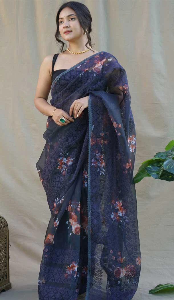 Navy Blue Color Pure Organza Digital Floral Printed Chikankari Work Party Wear Saree - 7260175135